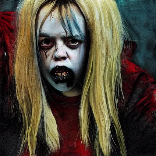 Image similar to grunge painting of billie eilish by michal karcz in the style of chucky | freddy krueger style