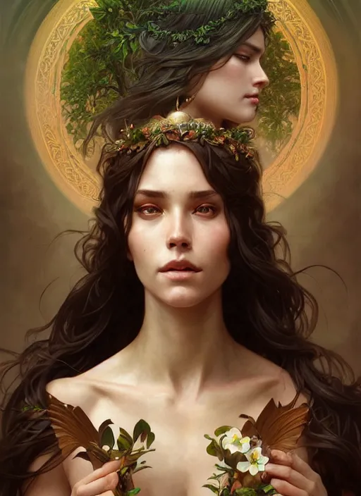 Prompt: portrait of a goddess of nature, half body, perfect face, d & d, fantasy, intricate, elegant, highly detailed, digital painting, artstation, concept art, smooth, sharp focus, illustration, art by artgerm and greg rutkowski and alphonse mucha