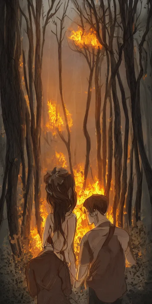 Prompt: a couple is looking back to dried our area where the trees are burning blue fire trending on artstation infinite image