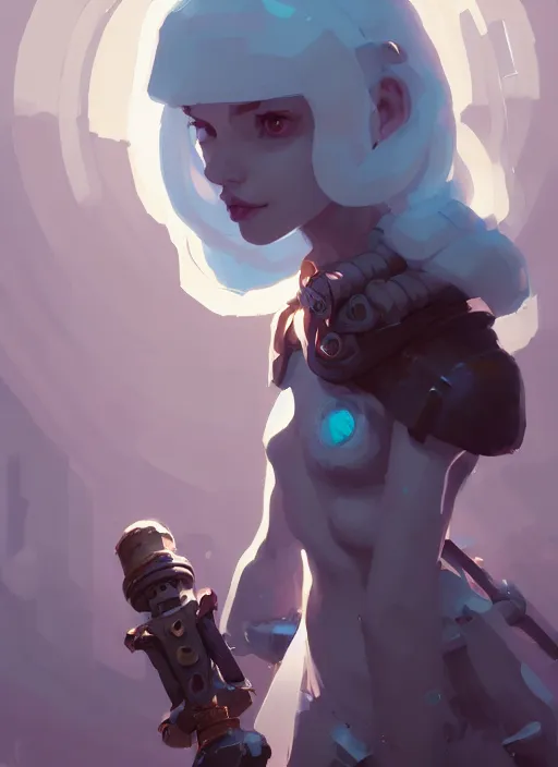 Image similar to portrait of cute psyker girl chained, warhammer 4 0 k, by atey ghailan, by greg rutkowski, by greg tocchini, by james gilleard, by joe gb fenton, by in kaethe butcher, dynamic lighting, gradient light blue, brown, blonde cream and white color in scheme, grunge aesthetic