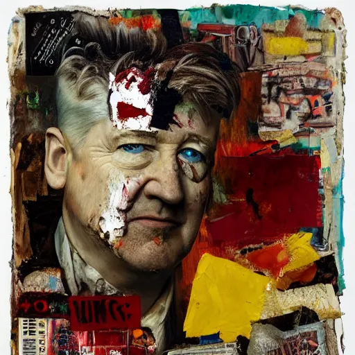 Prompt: hyperrealistic, photorealistic, mixed media oil painting of david lynch, magazine scraps, plaster, blood, oil, mustard, splatter, greg rutkowski, basquiat, ralph steadman, wesley kimler, terry gilliam