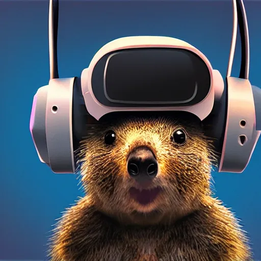 Prompt: a quokka wearing a hmd vr, cyberpunk digital painting