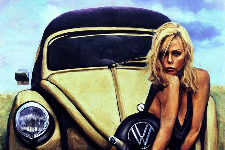 Prompt: beautiful o charlize theron with long blonde hair locks holds over its head old volkswagen beetle, oil on canvas, naturalism