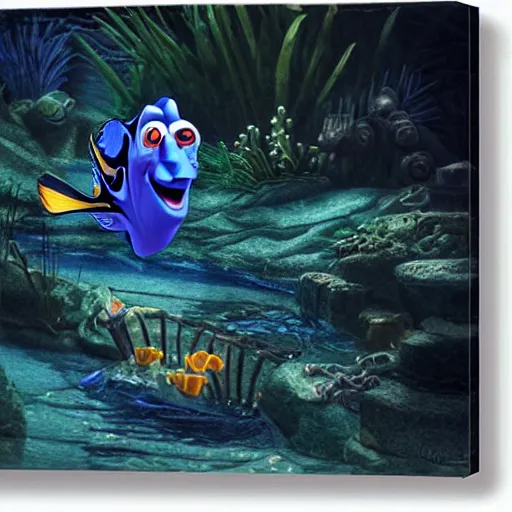 Image similar to evil dory chasing nemo through dark waters, creepy, dark, atmospheric, detailed, photorealistic