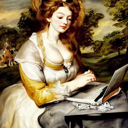 Prompt: heavenly summer sharp land sphere scallop well dressed lady working on her laptop auslese, by peter paul rubens and eugene delacroix and karol bak, hyperrealism, digital illustration, fauvist, looking at her imac laptop