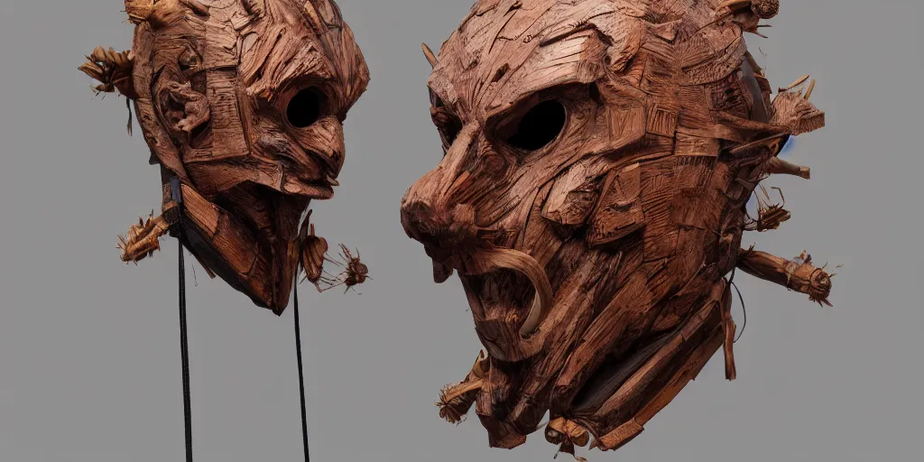 Image similar to wooden mask, character sheet, concept design, contrast, hot toys, kim jung gi, greg rutkowski, zabrocki, karlkka, jayison devadas, trending on artstation, 8 k, ultra wide angle, pincushion lens effect