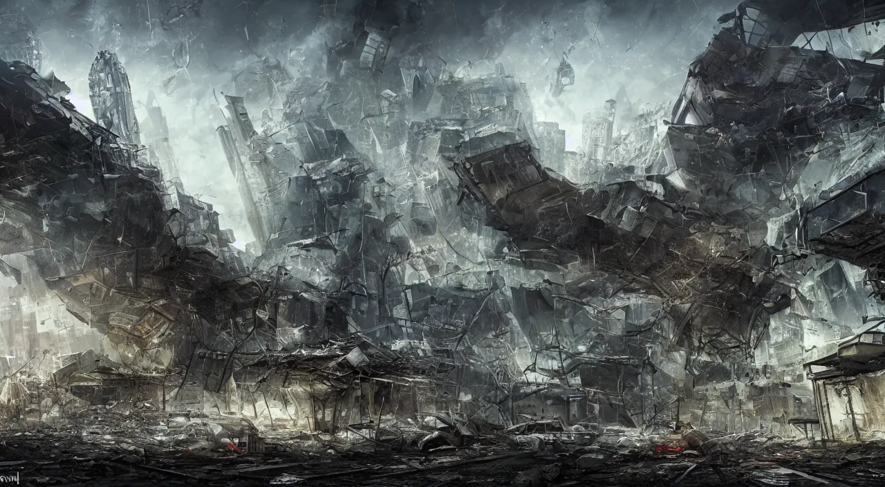 Image similar to damaged city, high - tech, concept art, forest, tornado, war, broken, high resolution, evil