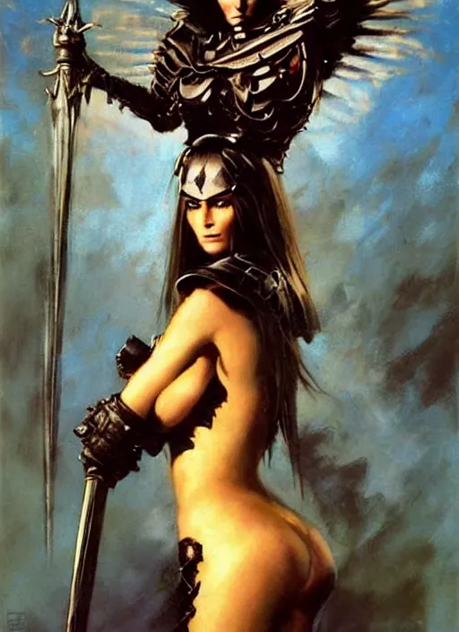 Image similar to portrait of norwegian female chaos angel, beautiful! coherent! by frank frazetta, by brom, strong line, deep color, spiked armor, iron helm, high contrast, maximalist