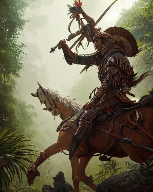 Prompt: ultra realistic illustration of a spanish conquistador wearing ornate armor and riding a horse in a dense foggy jungle environment by artgerm and and greg rutkowski and studio ghibli, octane, studio ghibli color scheme, intricate, portrait, anatomy, artstation, cinematic lighting, sharp focus, portrait, concept art, mobile game art
