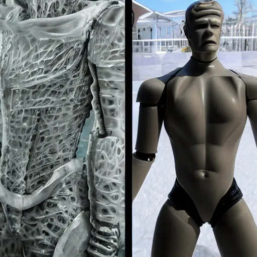 Image similar to made of ice, a realistic detailed photo of a guy who is an attractive humanoid who is half robot and half humanoid, who is a male android, on display, blank stare, showing off his muscles, shiny skin, posing like a statue, by the pool, frozen ice statue, twitch streamer / gamer ludwig, humanoid robot