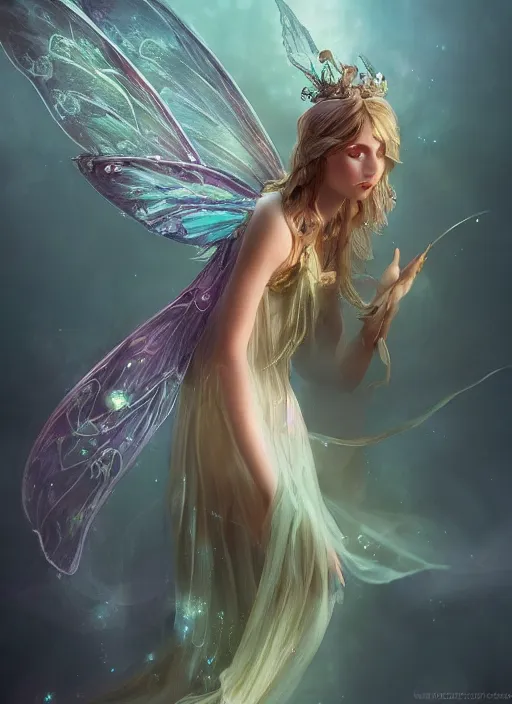 Prompt: beautiful beautiful fairy faerie fey fae queen highly detailed CGsociety subtle enchanting alluring magical concept art volumetric lighting subsurface scattering unreal