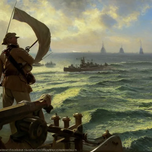 Image similar to detailed cinematic wide shot of swedish sea captain back view seeing his world war 2 battle ship attacking coastal city, ultra realistic, spring light, painting by gaston bussiere, craig mullins, j. c. leyendecker