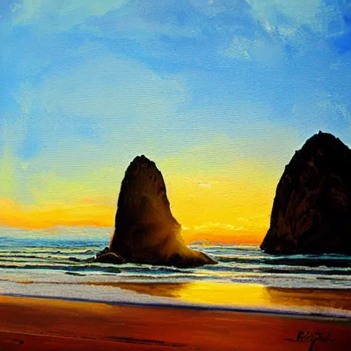 Prompt: cannon beach realistic painting at sunset