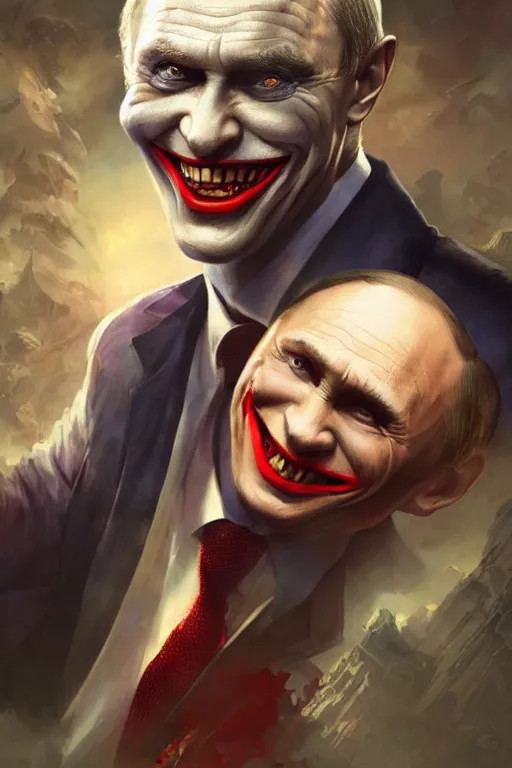 Image similar to vladimir putin as a joker, realistic, high definition, 4 k, shimmering color, hyper detailed, art of greg rutkowski and magali villeneuve and artgerm