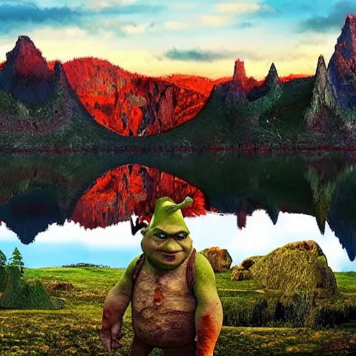 Image similar to BEAUTIFUL LANDSCAPE WITH LAKES MADE OUT OF BLOOD, REALISM, HELL, 8K, SHREK CONSUMES BONES, 100K, UNREALESED SHREK MOVIE, 8K