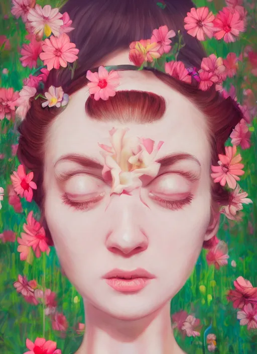 Prompt: photograph of still from music video, women wearing blindfold, flowers, street clothes, full figure portrait painting by martine johanna, ilya kuvshinov, rossdraws, pastel color palette, 2 4 mm lens