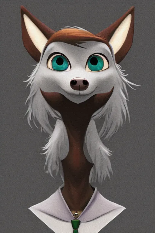 Image similar to concept art of anthromorphic female wolf, in style of cory loftis, female fursona, furry, furaffinity, 4 k, deviantart, furry art, fursona art, wearing black business suit, business suit, in style of zootopia, wolf fursona, cyberpunk, female, very expressive detailed feminine face,