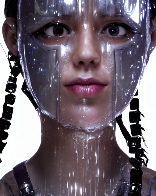 Image similar to portrait photo of female dancer as a cyberpunk mecha humanoid robotic head shoulder parts with straight bright led lights, under a waterfall, wet skin with water dripping down face, ultra - realistic and detailed, 8 k