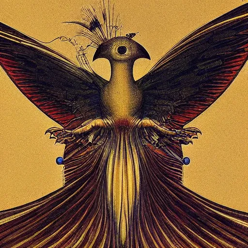 Prompt: a schematic drawing of a gothic, surrealistic bird, incredible colors, trending on artstation, by leonardo da vinci, by rembrandt