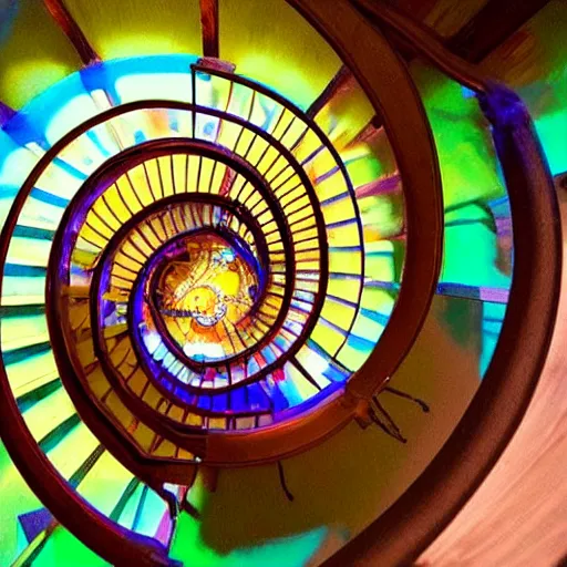 Prompt: A beautiful spiral staircase winding down to a colorfully lit chasm, view from above