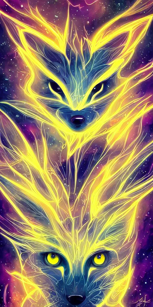 Image similar to geometric symmetrical jolteon with galaxy eyes in space, nebula in the background, intricate, elegant, highly detailed, digital painting, artstation, concept art, smooth, sharp focus, illustration, art by artgerm