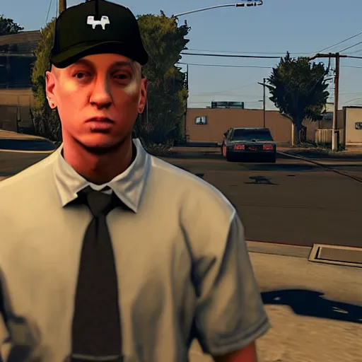 Image similar to Screenshot of Eminem in the game GTA V, highly detailed