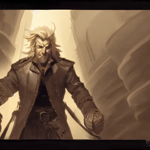 Image similar to portrait of a muscular, grim, ponytail haired blonde man in his late 30's, wearing a thick brown leather coat, looking to his side, hunter, DnD character, fantasy character, dramatic lighting, high detail, black and white digital art by Ruan Jia, Krenz Cushart, Rossdraws and Boris Vallejo