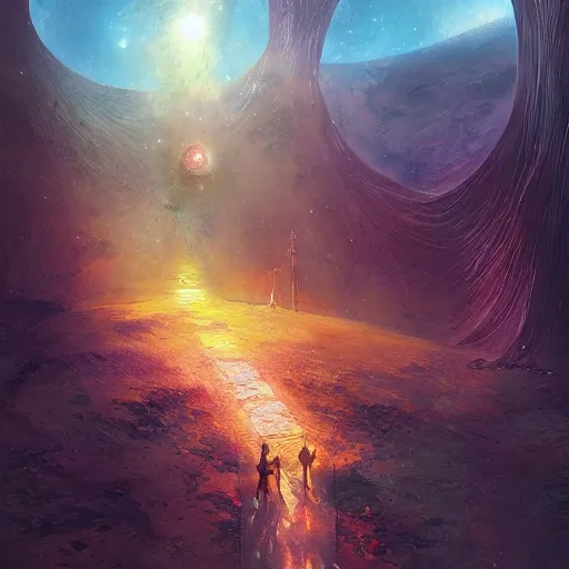 Image similar to a spiritual journey in the cosmos, by peter morbacher and marc simonetti, trending on artstation,