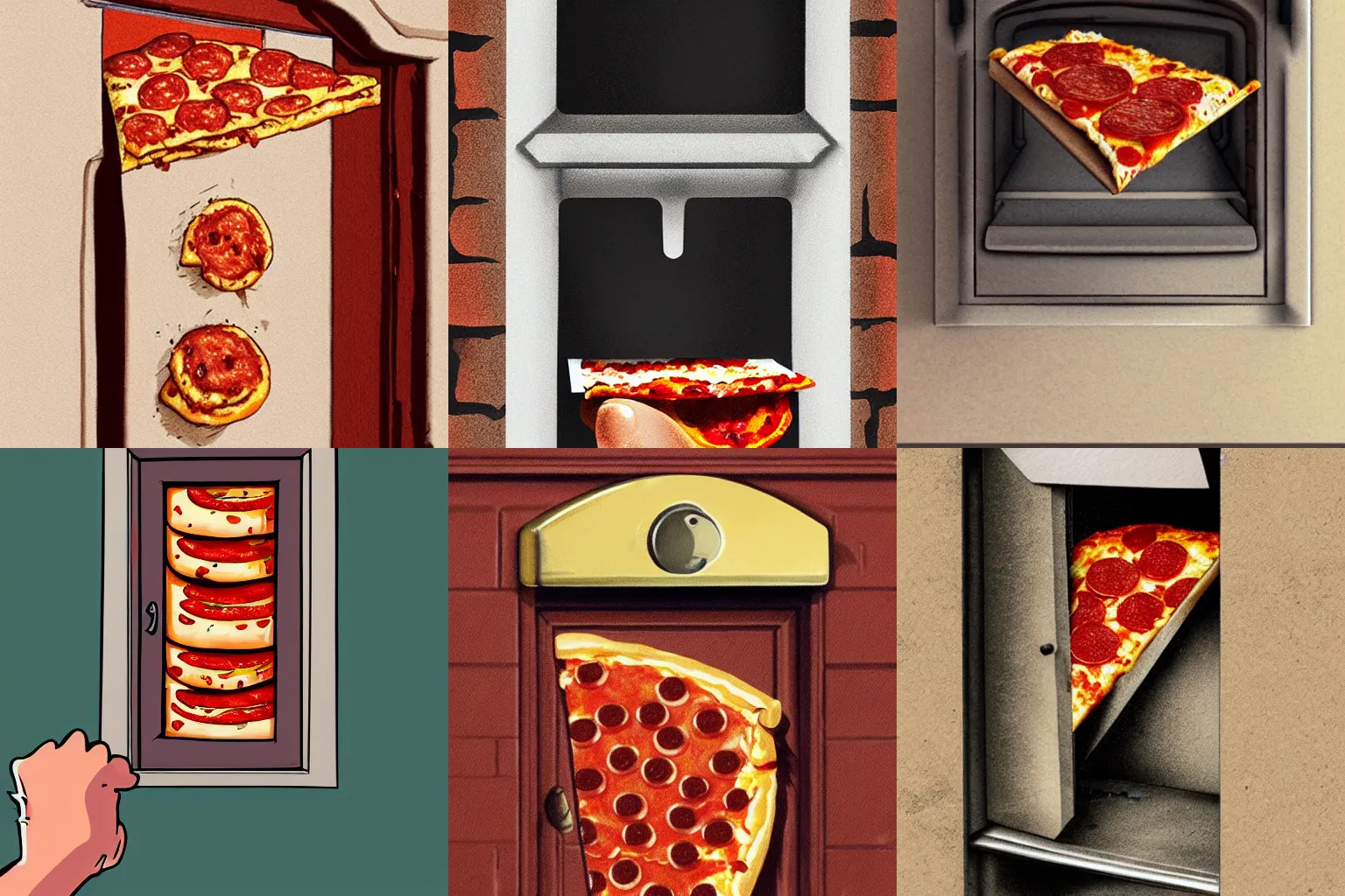 Prompt: A pepperoni pizza being pushed through a mail slot, artstation