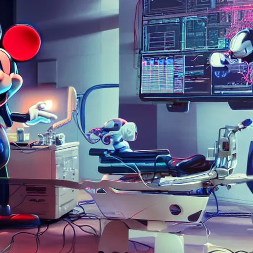 Image similar to a cybertronic mickey mouse being dissected by a group of network executives, on an operating table, octane render, beeple, cgstation, 3 d render, very detailed, mindblowing, blood and guts, gritty, cyberpunk