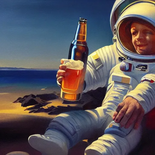 Prompt: An astronaut chilling at the beach and drinking a beer, oil on canvas by Frank Frazetta, artstation, digital art, WLOP, Mandy Jurgens