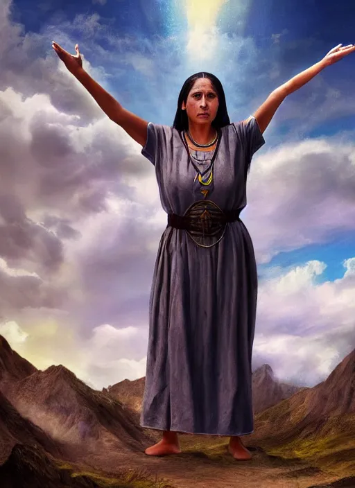 Image similar to incan female priest starring at the sky, with arms up, praying at the sky, realistic face, matte painting, fantasy art