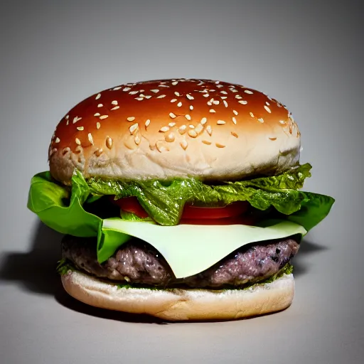 Prompt: a delicate foto of a cheesburger, 3 5 mm, nikon, in the style of karl lagerfeld, fuji film, green tones, dof