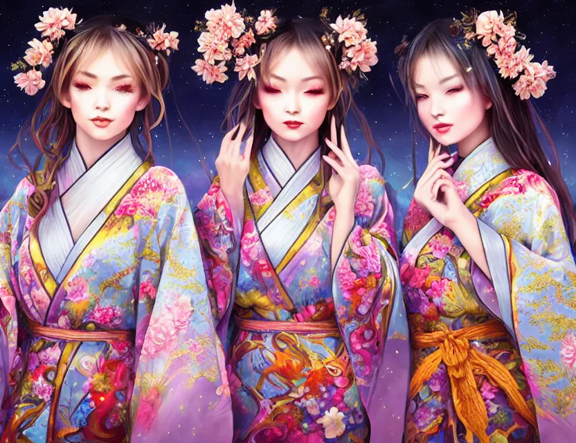 Image similar to two beautiful alluring siberian girls wear fantasy kimono in festival | | sunny night, full moon, dreamlike art, realistic shaded, smile, good looking, hyper details, 4 k realistic, cryengine, realistic shaded lighting poster by artgerm, ross tran, fuji choko, 8 k resolution, trending on artstation, luxury