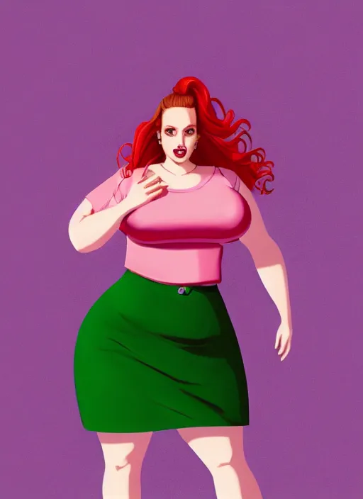 Image similar to full body portrait of teenage cheryl blossom, obese, bangs, green eyes, sultry, realistic, red hair, sultry smirk, wavy hair, pink skirt, fat, intricate, elegant, glowing lights, highly detailed, digital painting, artstation, concept art, smooth, sharp focus, illustration, art by wlop, mars ravelo and greg rutkowski