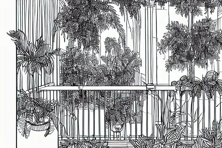 Image similar to a wide drawing of a balcony with plants, drawn in one line, back and white, solid background