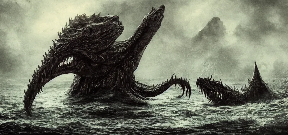 Image similar to Giant Sea Monster in treacherous waters, gothic art, color, eerie, horror, scary, ominous, 8k, highly detailed