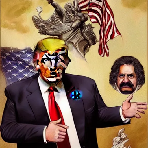 Image similar to A combination of Ron Jeremy's and Donald Trump's and Joe Biden's faces as President of Unites States of America, USA, western, D&D, fantasy, intricate, elegant, highly detailed, digital painting, artstation, concept art, matte, sharp focus, illustration, art by Artgerm and Greg Rutkowski and Alphonse Mucha