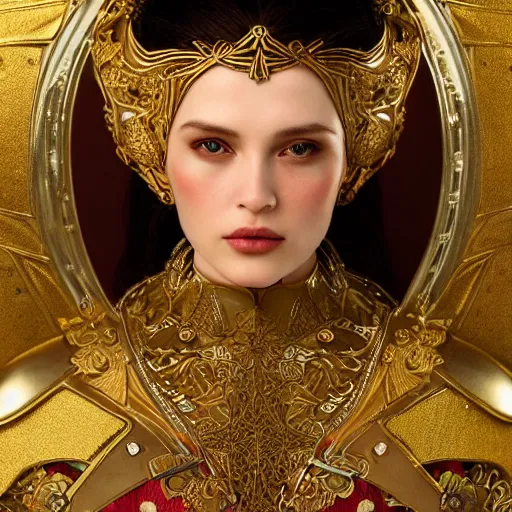 Image similar to portrait of gorgeous russian woman in armor, dramatic lighting, silver gold red details, filigree, intricate details, cinematic, elegant, octane render, art nouveau, 8k post-processing, intricate art by John Collier and Albert Aublet and Krenz Cushart and Artem Demura and Alphonse Mucha,