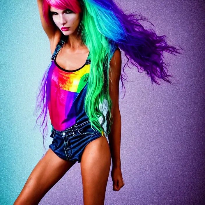 Image similar to fully body pose, photo of a very beautiful!! victoria secret model, skull woman, rainbow hair, overalls, short shorts, fishnets, combat boots, wet t shirt, raining, 8 k, hdr, smooth, sharp focus, high resolution, award - winning photo, trending on artstation, dslr, 5 0 mm