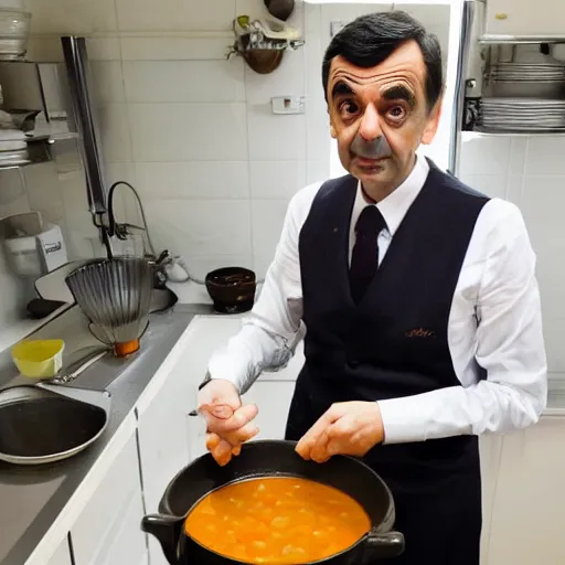 Prompt: mr bean preparing a small bowl of bean soup