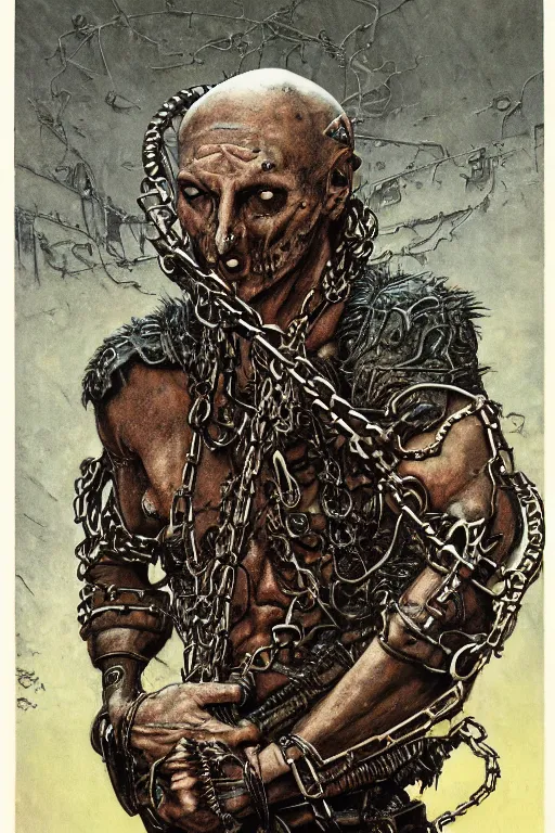 Image similar to michael gross, heavy metal magazine cover, 1 9 8 0 s, intricate leather and chains, atmospheric, realism, horror, grimy, sinister, highly detailed, high octane render, hd, anatomy, symmetrical body, symmetrical face, scary, cracked brick background, in the style of frank frazetta and moebius, peter mohrbacher and john william waterhouse