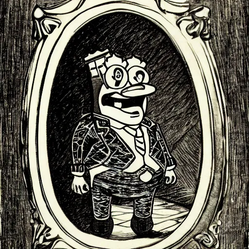 Image similar to etching of spongebob as a very rich aristocrat