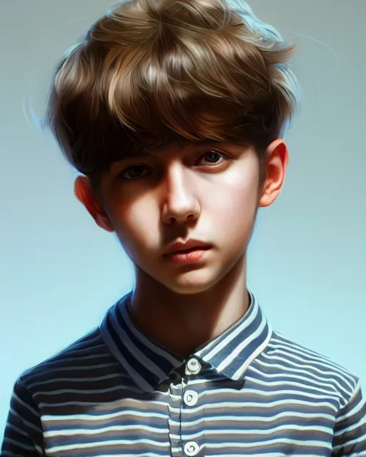 Prompt: a young boy wearing a horizontal striped shirt, smooth, intricate, elegant, digital painting, artstation, concept art, sharp focus, octane render, illustration, art by ayami kojima, apex legends character,