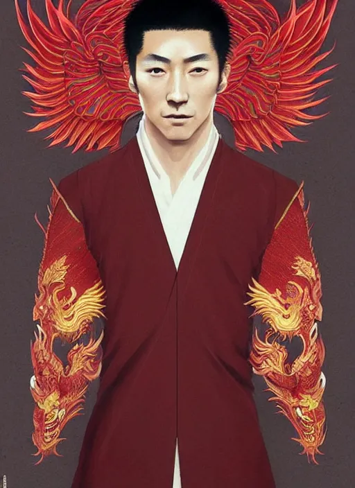 Image similar to concept art, a young chinese man with a pair of phoenix eyes, looks like kimura takuya, fair complexion, straight nose, thin lips, delicate eyebrows, handsome and elegant, wearing a chinese tunic suit with a red chinese dragon embroidered on it, conrad roset, greg rutkowski, flume cover art