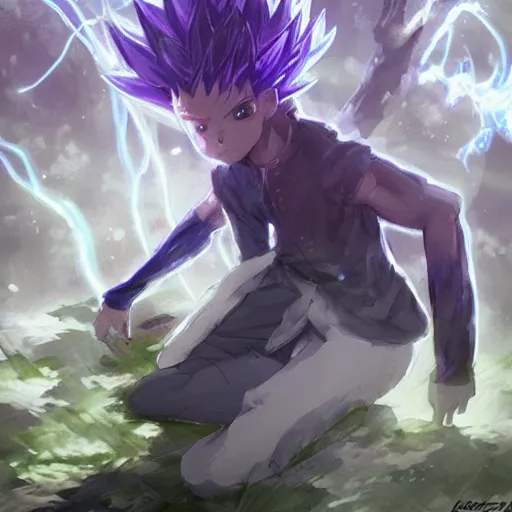 Image similar to killua electric lightning dark forest purple hunter x hunter greg rutkowski hd concept anime art