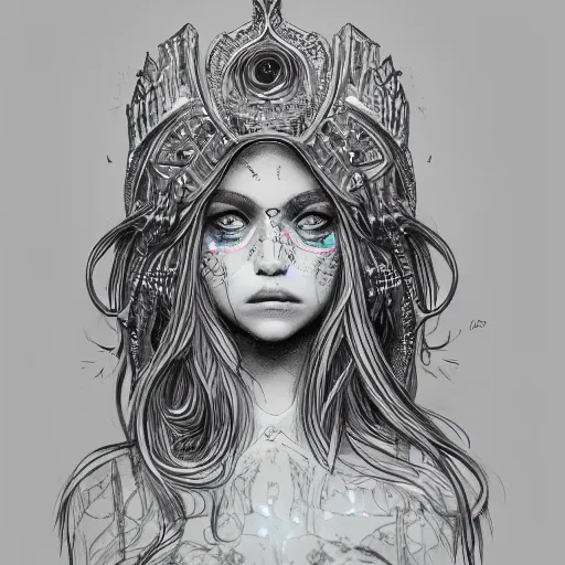 Prompt: a sketch drawing, ultra detailed, astral, magic, shamanic, totem, big eyes, beautiful woman, portrait, surreal city, trending on artstation