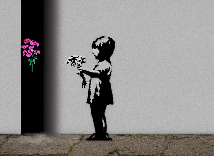 Image similar to a side profile of a single boy holding flowers in the style of Banksy on a white concrete background, graffiti, digital art