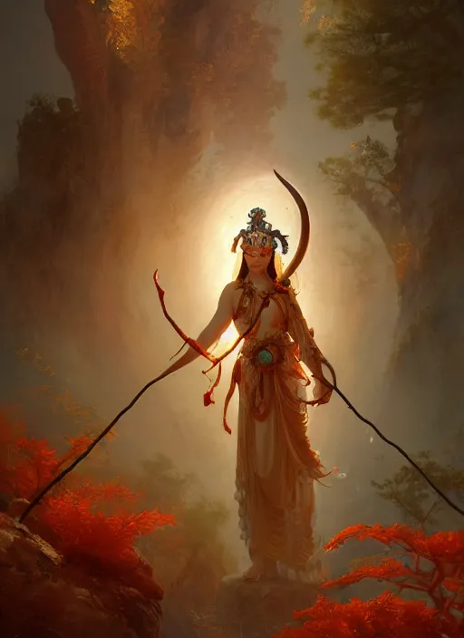 Prompt: Gigantic Deity with a halo made of antlers and translucent mushrooms, extremly detailed digital painting, in the style of Fenghua Zhong and Ruan Jia and Jeremy Lipking and Peter Mohrbacher, mystical colors, rim light, beautiful lighting, 8k, stunning scene, raytracing, octane, trending on artstation