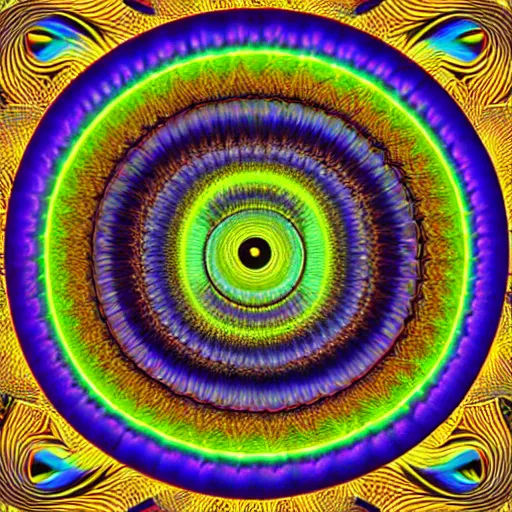 Prompt: an all seeing eye surrounded by a colorful pattern, digital art by Alex Grey, behance, psychedelic art, psychedelic, hypnotic, fractalism
